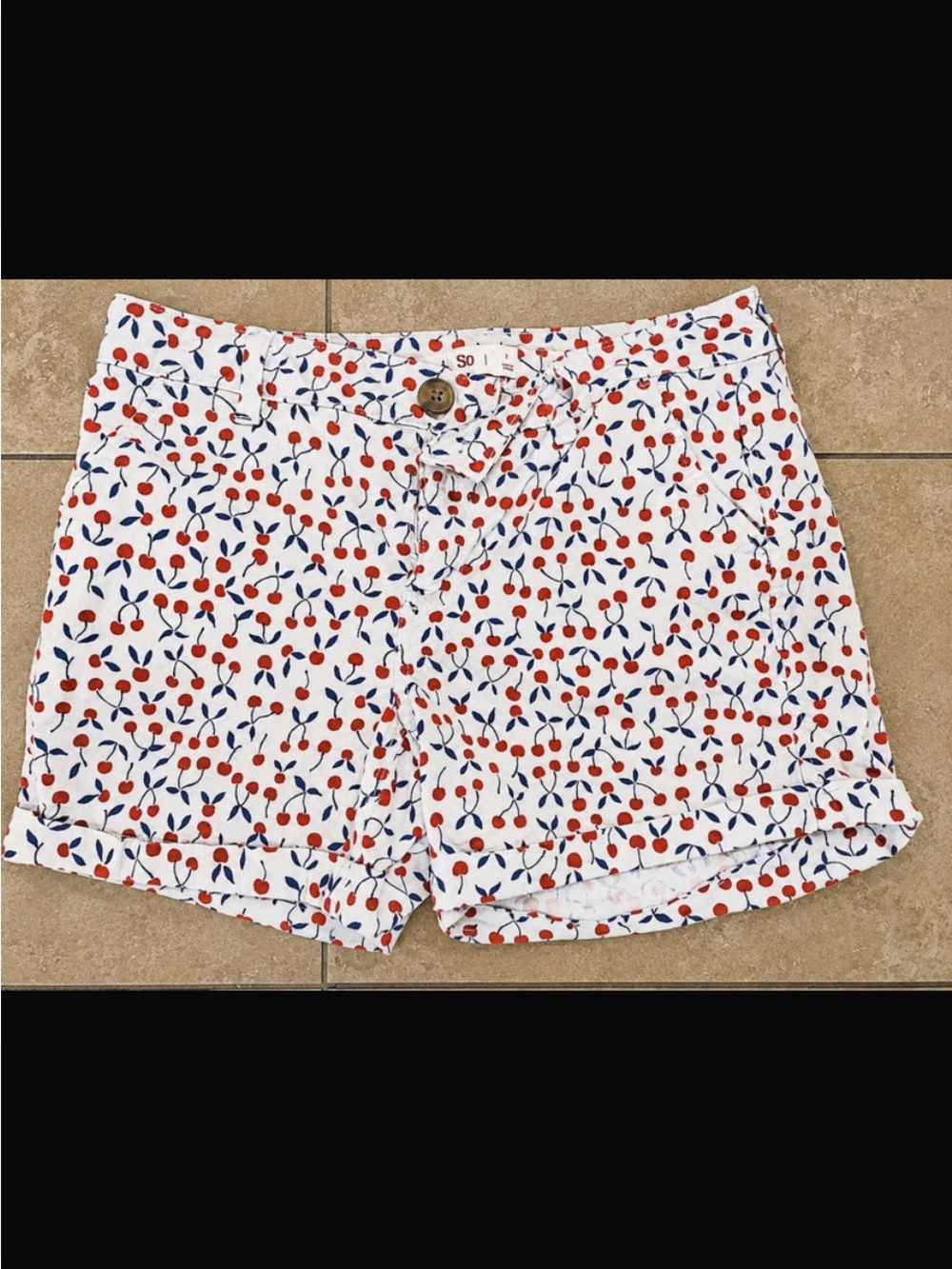 SO White Cherry-Print Jean Shorts with Red & Blue Accents
